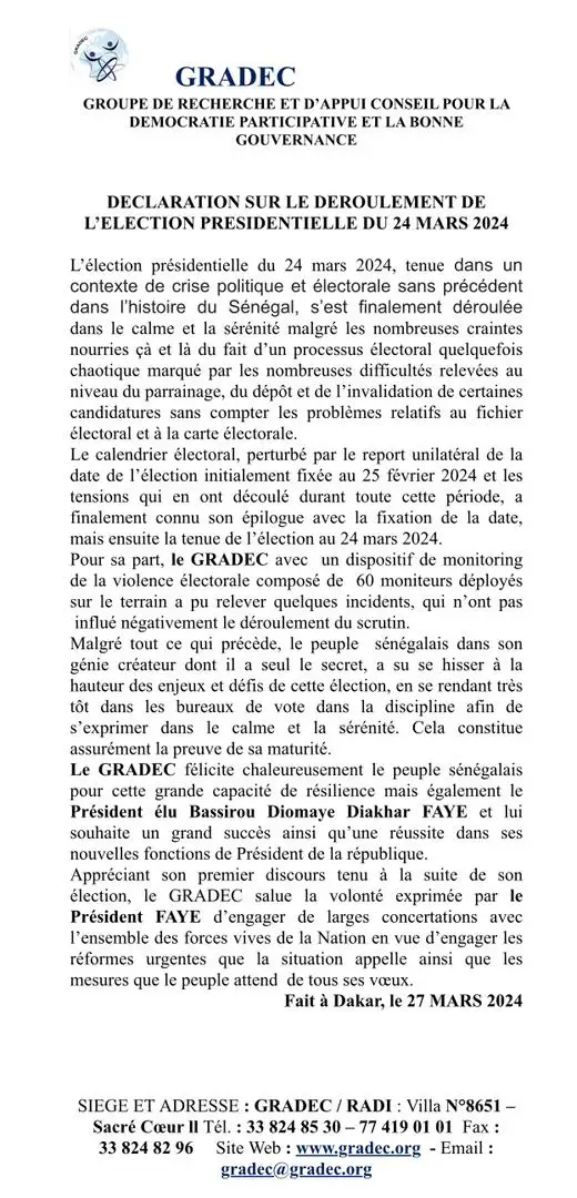 Déclaration sur le déroulement de l'élection préseidentielle